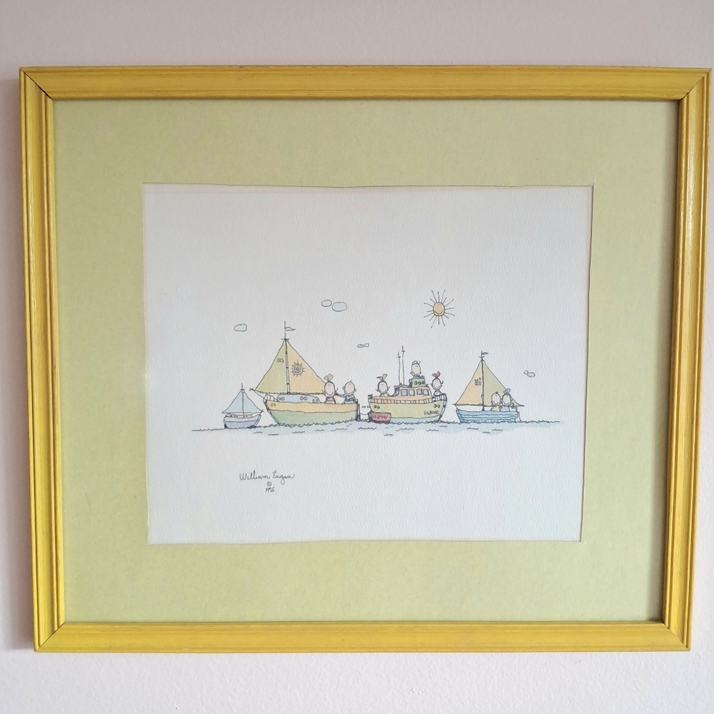 Vintage William Eagan 1975 Watercolor Framed Boat Nautical Children Nursery